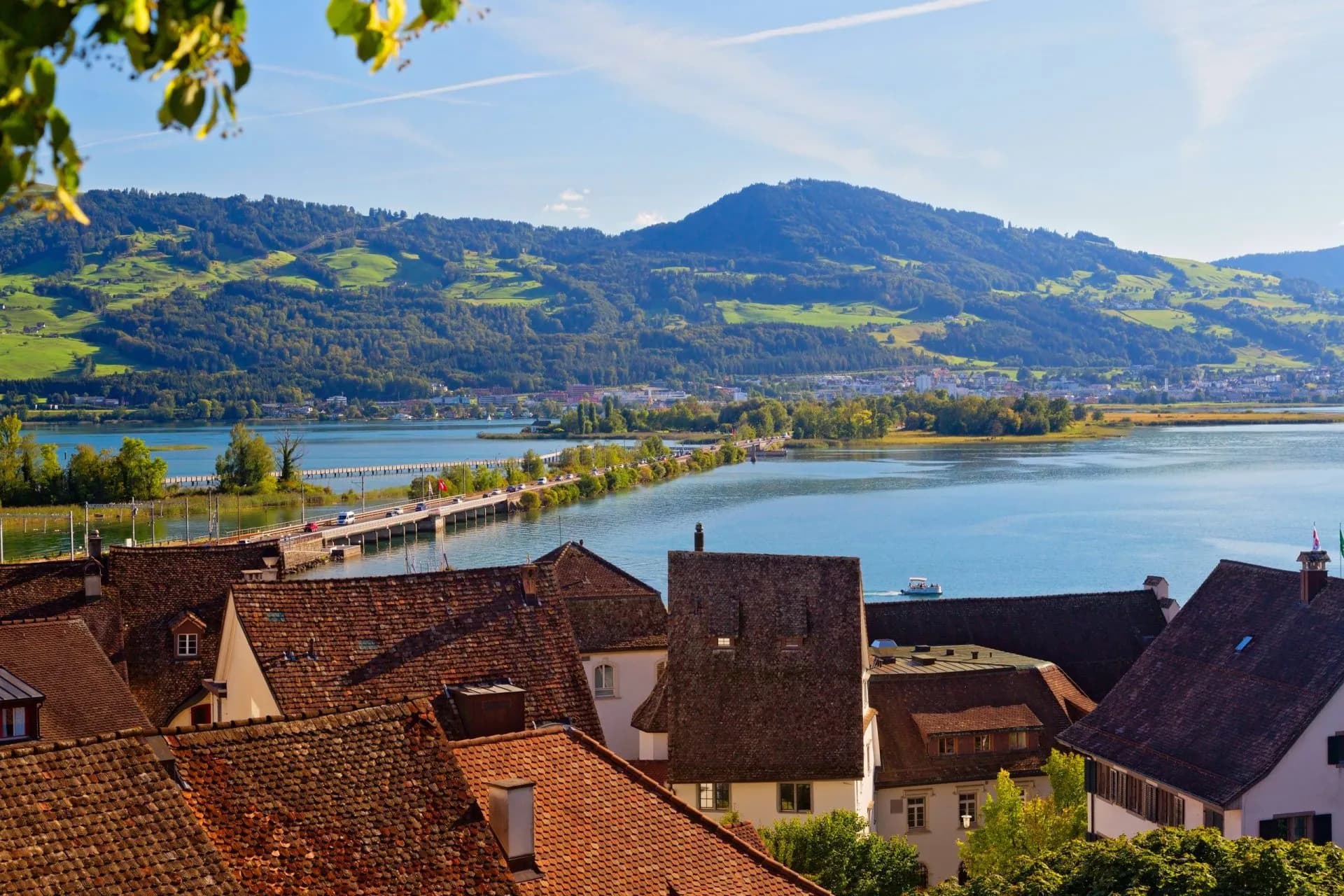 Rapperswil-on-Lake-Zurich rooftops overlooking lake, bridge, and green hills.