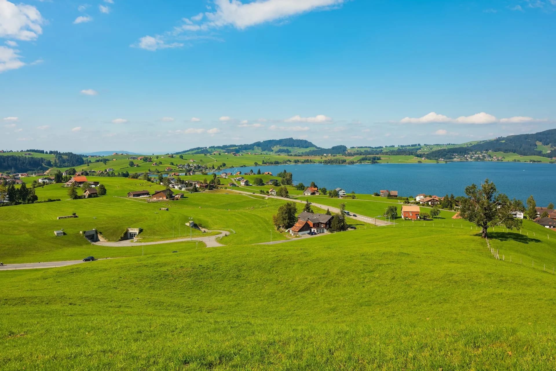 Lush green hillsides near Lake Sihl, Einsiedeln, with scattered houses under a blue sky.