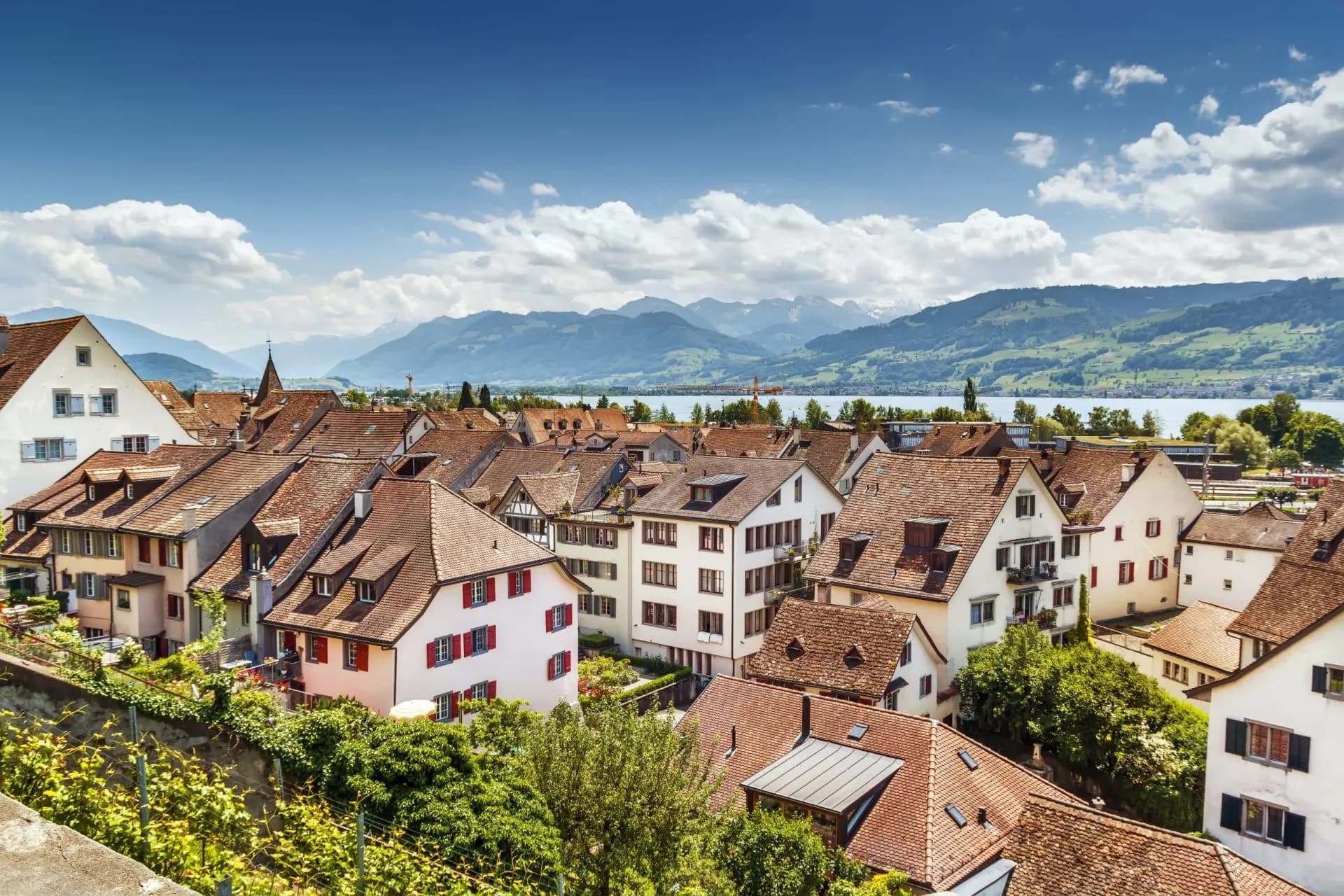 Rapperswil town rooftops overlooking lake and green mountains under blue sky.