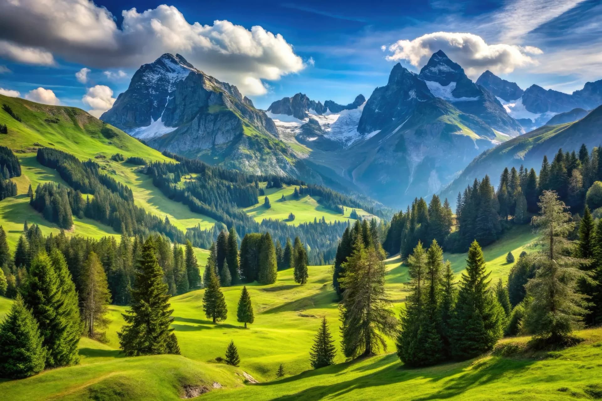 Serene mountain landscape in Gantrisch Nature Park, Switzerland, featuring emerald green meadows, scattered trees, and majestic Alpine peaks under a clear blue summer sky.