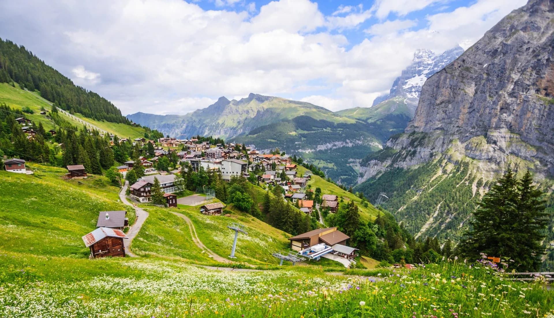 Alpine village nestled in green mountainside with wildflowers and snow-capped peaks in background.