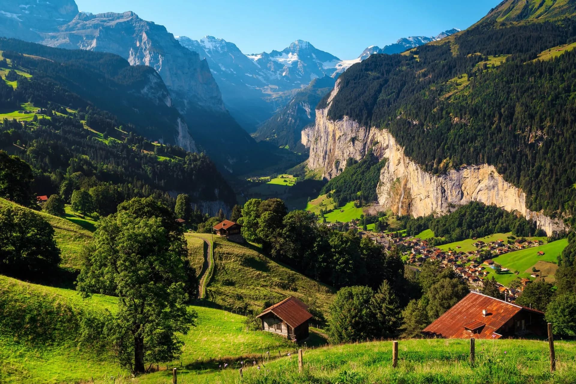 View from Wengen over the Lauterbrunnen Valley with green slopes, chalets, and snow-capped Alps.
