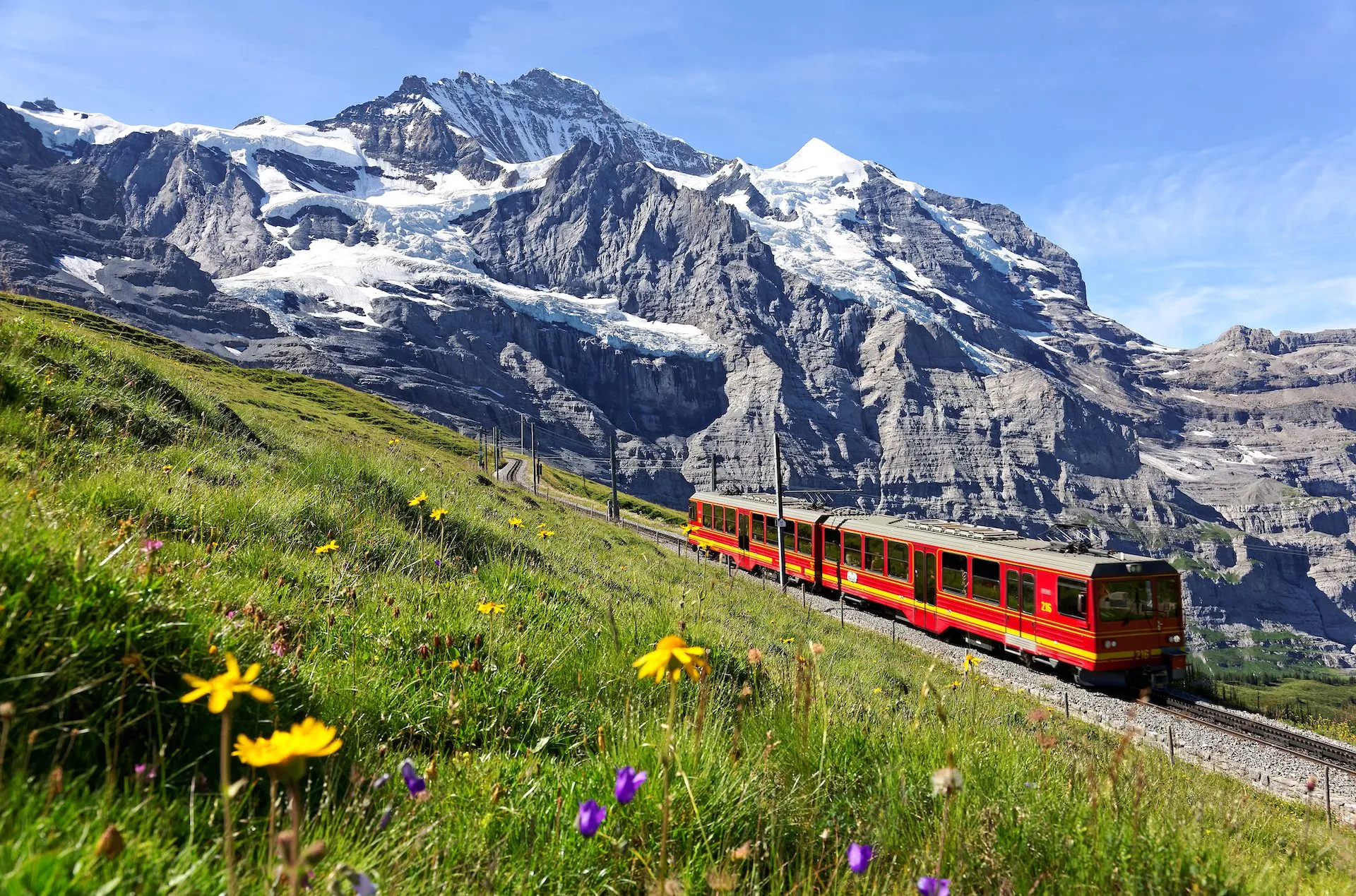 Panoramic train descending from jungfraujoch to kleine scheidegg